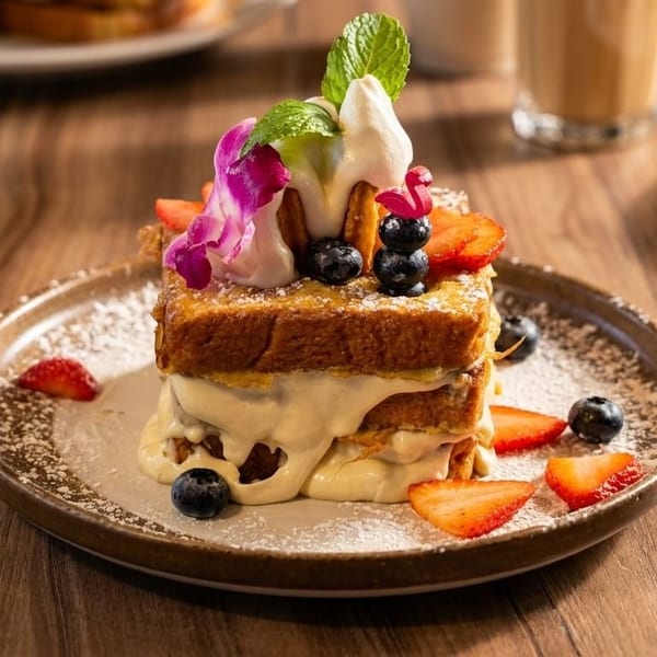 Stacked French toast with cream, berries, and a purple orchid on a rustic plate.